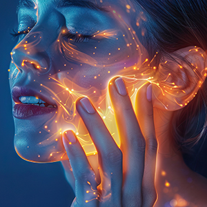 The image shows a person with glowing, star-like particles emanating from their face and surrounding the head.